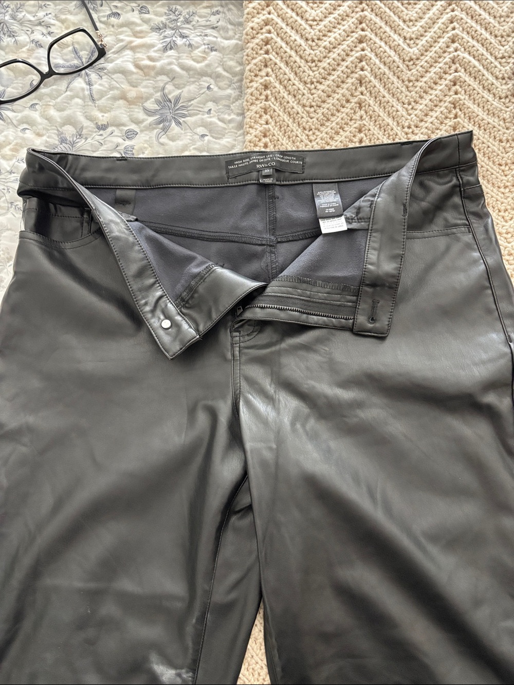 Black Faux Leather Womens  Pants High Rise Straight